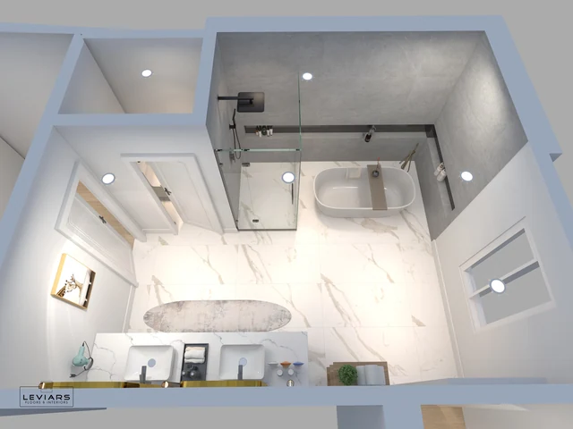 Overhead bathroom layout with freestanding tub, double vanity and glass shower