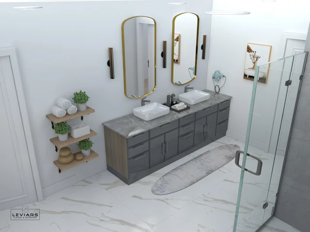 Dark double vanity with vessel sinks, oval mirrors and open corner shelves