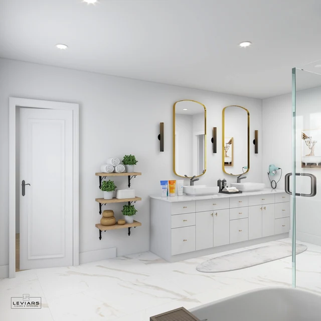 White double vanity with tall gold-framed mirrors and wall sconces