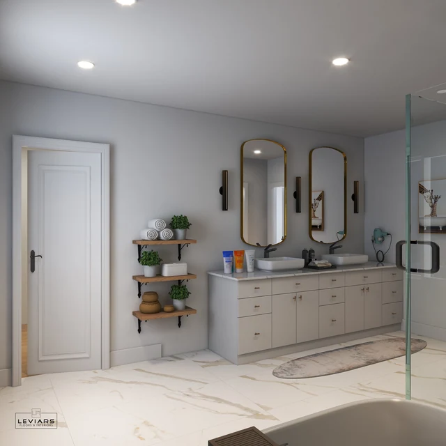 Bathroom vanity with layered lighting and glass shower partition