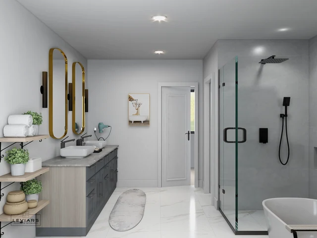 Black shower hardware and vessel sinks in a bright bathroom