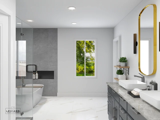 Bathroom window between a glass shower and double vanity