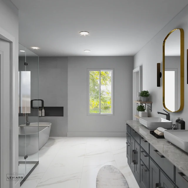 White bathroom floor, dark double vanity and garden-facing window