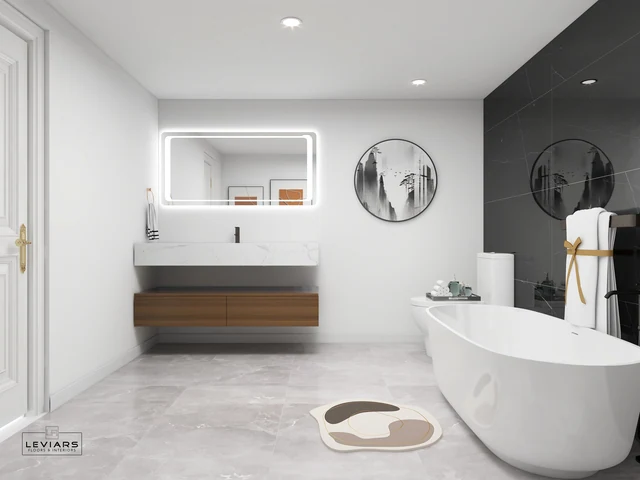 Wood floating vanity with illuminated mirror and freestanding bathtub