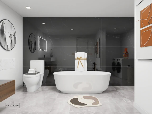 White bathtub and toilet against a dark glass shower wall