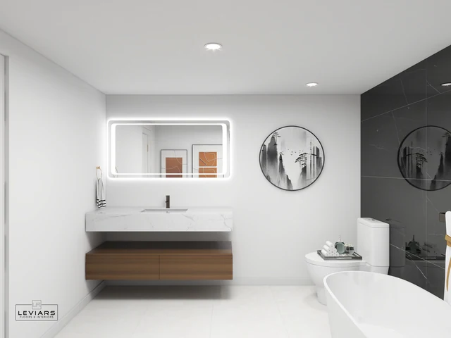 Floating wood vanity, illuminated mirror and white freestanding bathtub