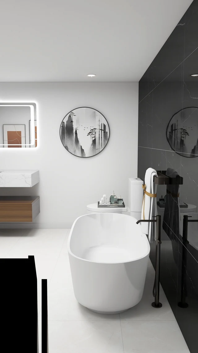 Bathroom doorway framing a floating vanity and freestanding tub
