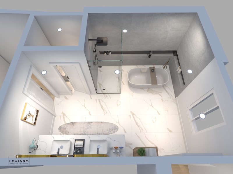 Spa-inspired bathroom design with custom vanity, lighting and walk-in shower, view 1 of 16