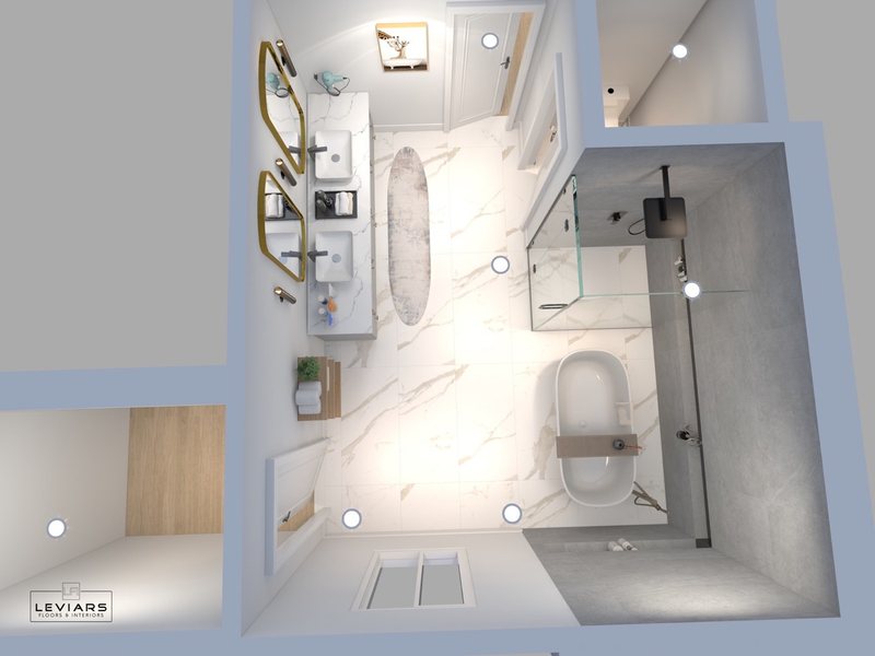 Spa-inspired bathroom design with custom vanity, lighting and walk-in shower, view 2 of 16