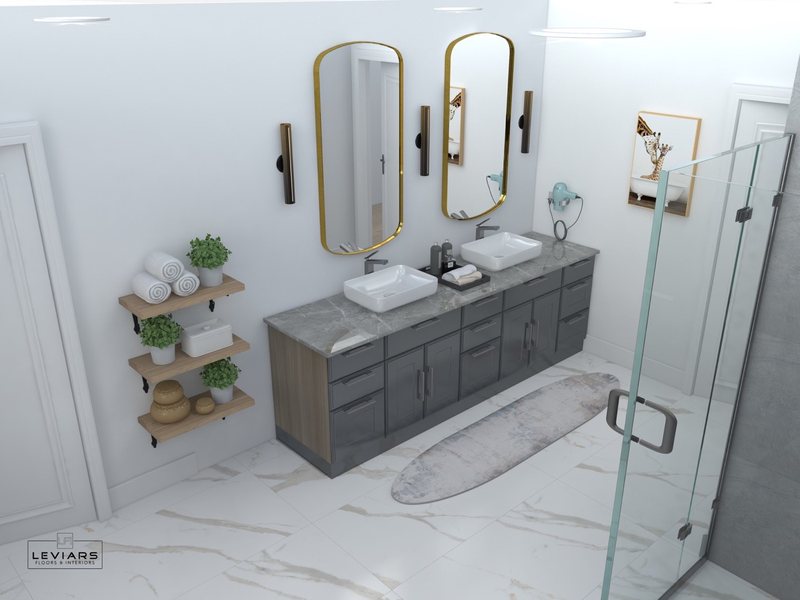 Spa-inspired bathroom design with custom vanity, lighting and walk-in shower, view 3 of 16