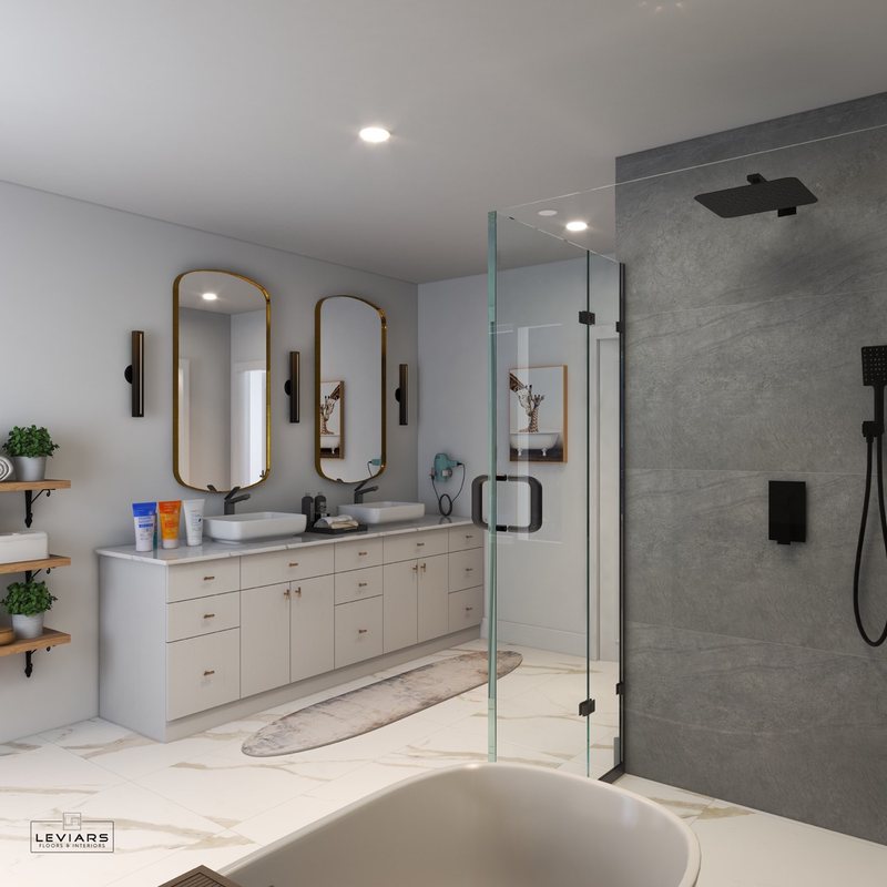 Spa-inspired bathroom design with custom vanity, lighting and walk-in shower, view 4 of 16