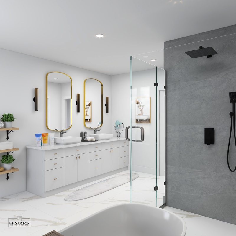 Spa-inspired bathroom design with custom vanity, lighting and walk-in shower, view 5 of 16