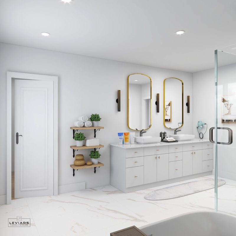 Spa-inspired bathroom design with custom vanity, lighting and walk-in shower, view 6 of 16