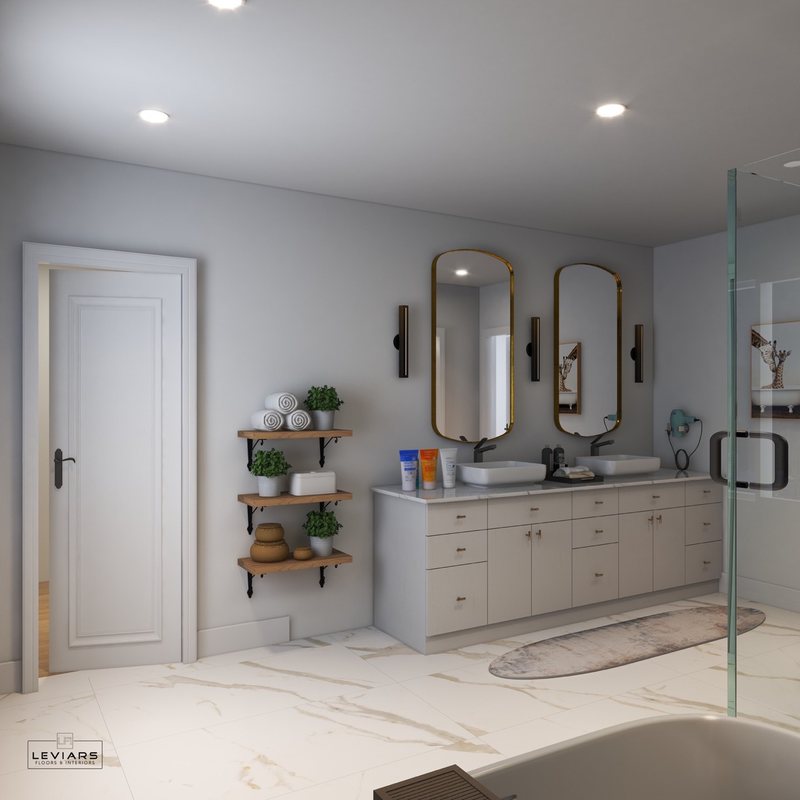 Spa-inspired bathroom design with custom vanity, lighting and walk-in shower, view 7 of 16