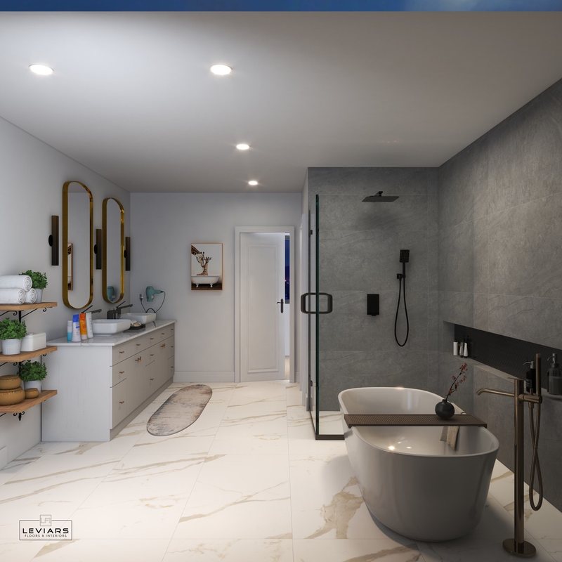 Spa-inspired bathroom design with custom vanity, lighting and walk-in shower, view 8 of 16