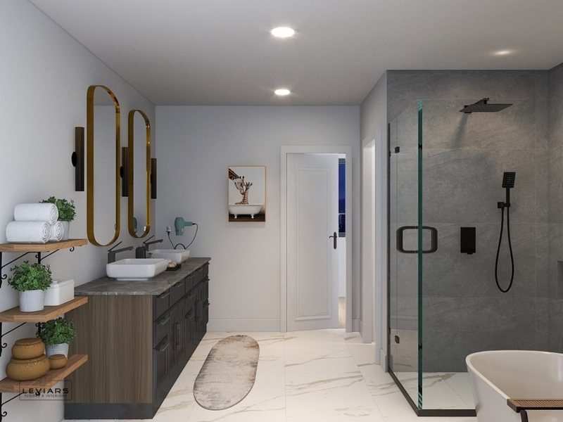 Spa-inspired bathroom design with custom vanity, lighting and walk-in shower, view 10 of 16