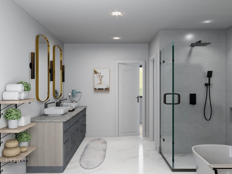 Spa-inspired bathroom design with custom vanity, lighting and walk-in shower, view 11 of 16