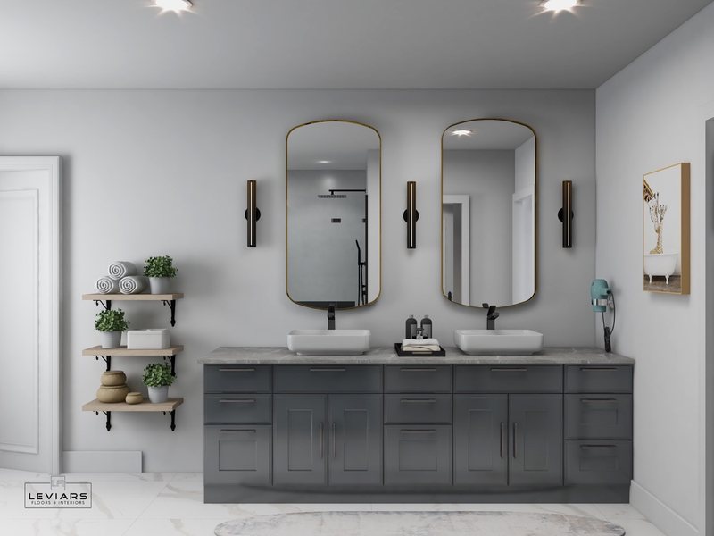 Spa-inspired bathroom design with custom vanity, lighting and walk-in shower, view 12 of 16