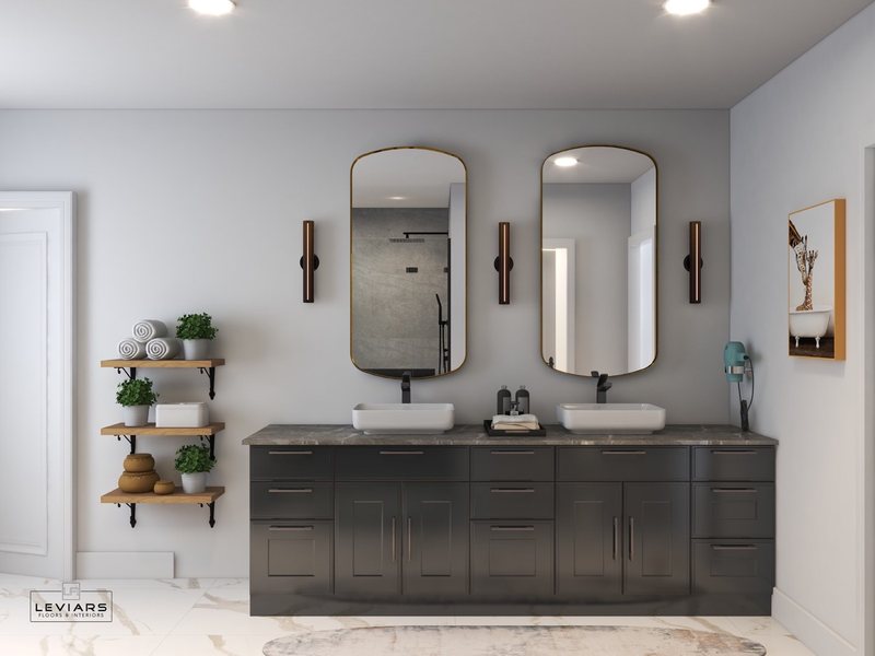 Spa-inspired bathroom design with custom vanity, lighting and walk-in shower, view 13 of 16