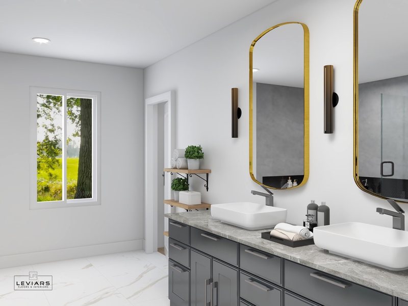Spa-inspired bathroom design with custom vanity, lighting and walk-in shower, view 14 of 16