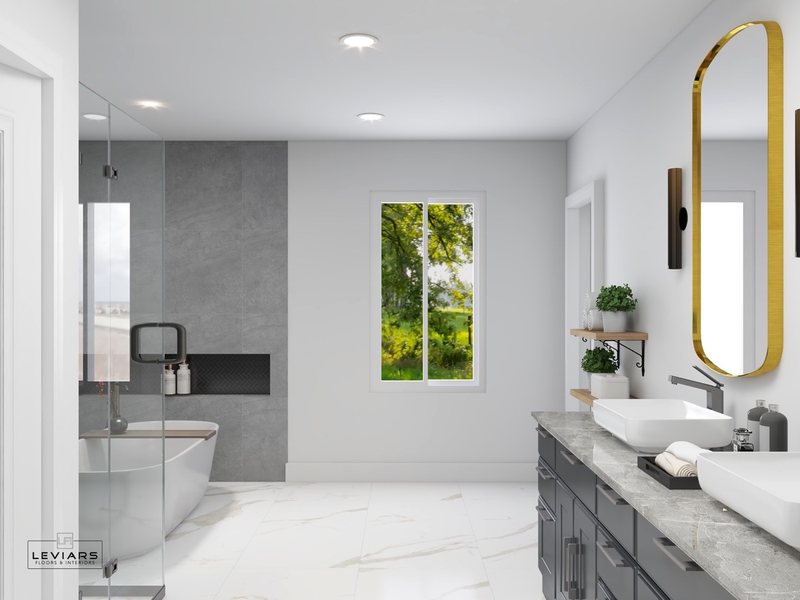 Spa-inspired bathroom design with custom vanity, lighting and walk-in shower, view 15 of 16