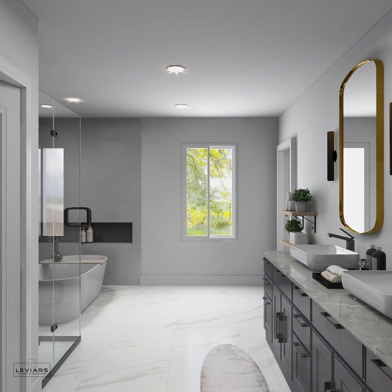 Spa-inspired bathroom design with custom vanity, lighting and walk-in shower, view 16 of 16
