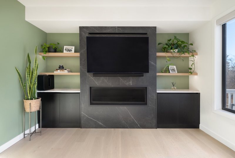 Coordinated kitchen, fireplace and staircase remodeling detail, view 3 of 25