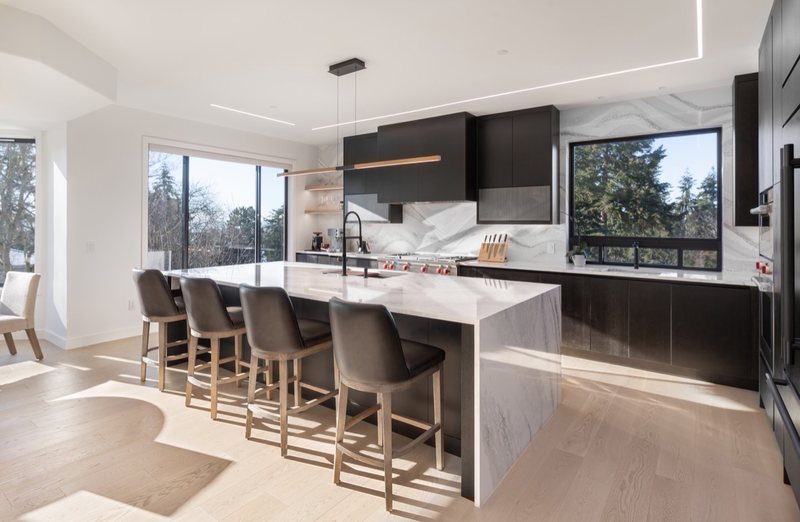 Coordinated kitchen, fireplace and staircase remodeling detail, view 15 of 25