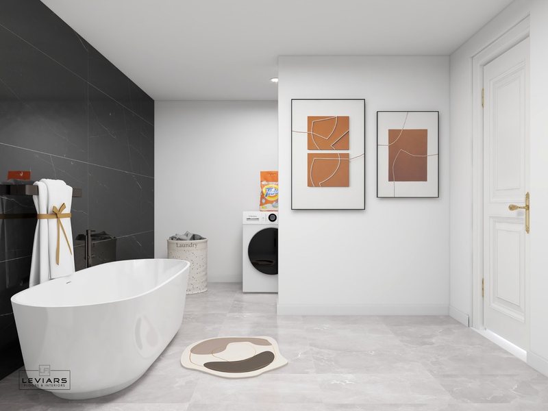 Modern primary bathroom with dramatic stone surfaces and freestanding tub, view 5 of 14