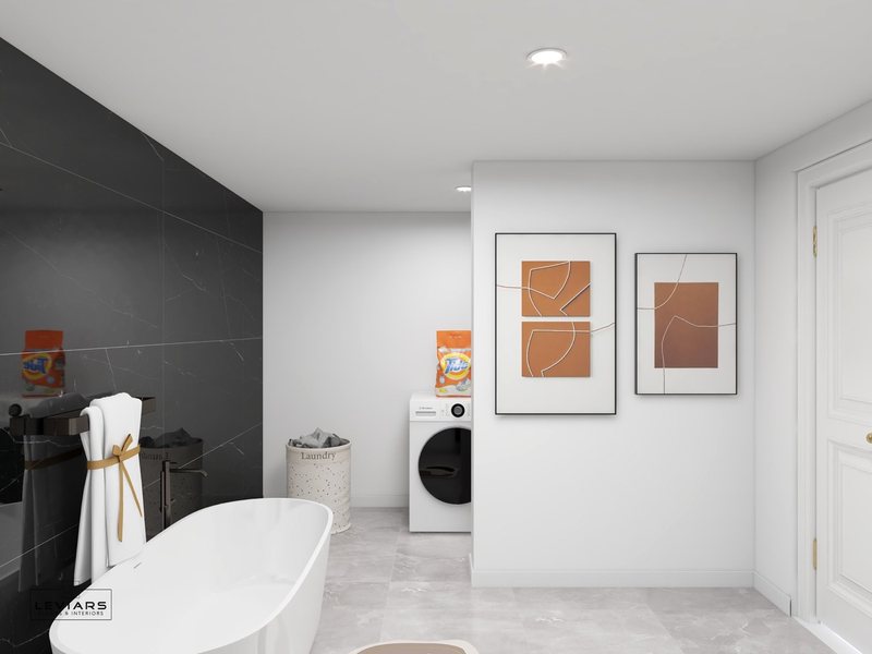 Modern primary bathroom with dramatic stone surfaces and freestanding tub, view 8 of 14