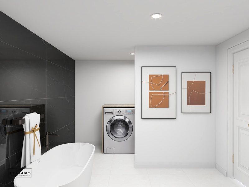 Modern primary bathroom with dramatic stone surfaces and freestanding tub, view 9 of 14