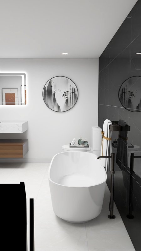 Modern primary bathroom with dramatic stone surfaces and freestanding tub, view 11 of 14