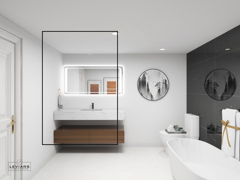 Modern primary bathroom with dramatic stone surfaces and freestanding tub, view 12 of 14