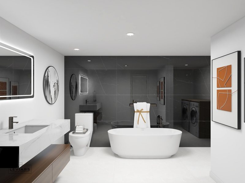 Modern primary bathroom with dramatic stone surfaces and freestanding tub, view 14 of 14