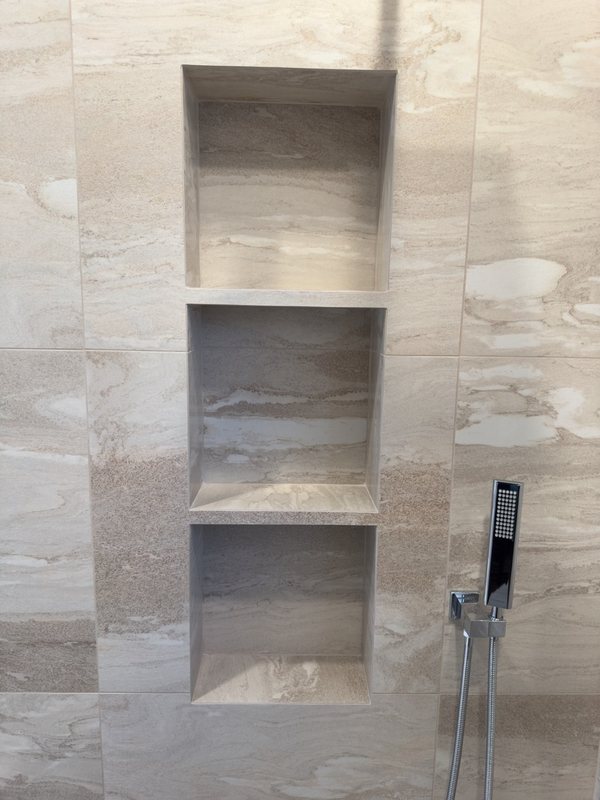 Close-up of recessed shower niches