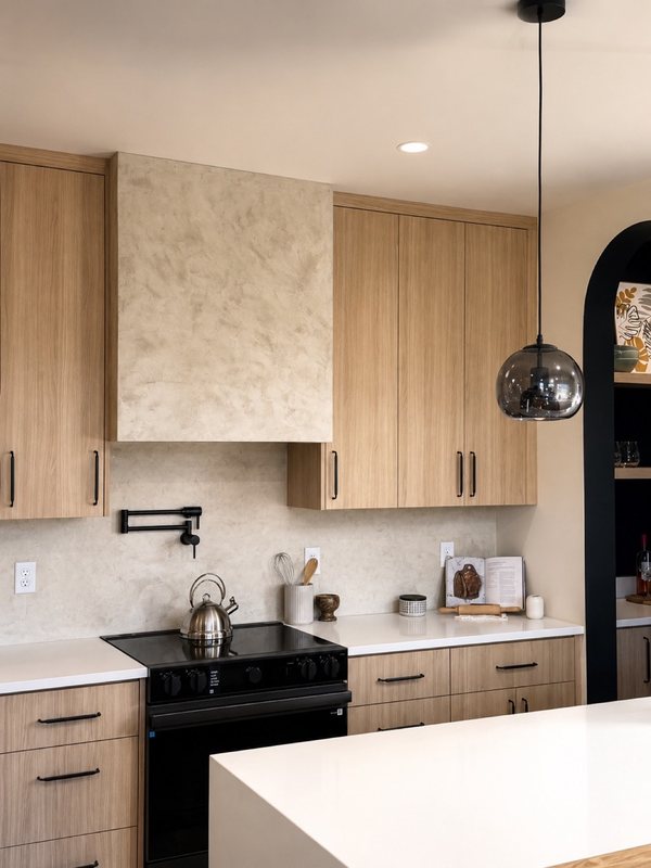 Custom sculpted plaster range hood above a remodeled kitchen range, view 1 of 6
