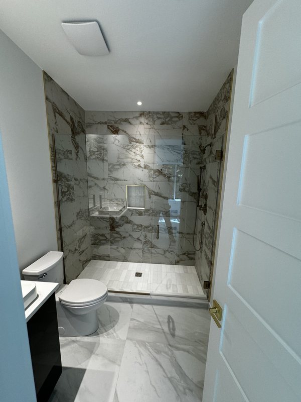 Walk-in shower with dramatic veined porcelain tile, recessed niche, glass door and brass hardware