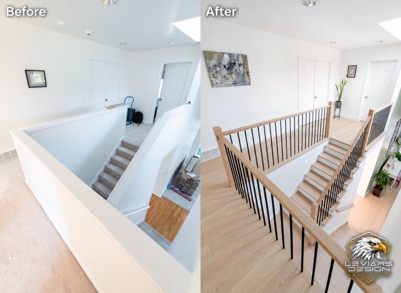 Staircase remodeling before-and-after transformation, view 1 of 3