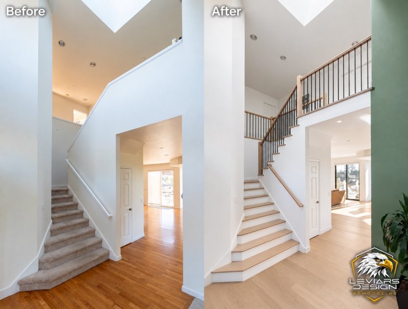 Staircase remodeling before-and-after transformation, view 2 of 3