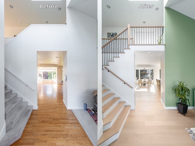 Staircase remodeling before-and-after transformation, view 3 of 3
