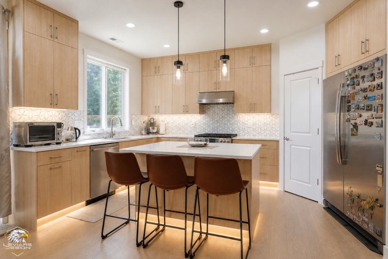 Natural-wood kitchen with white island countertop, pendant lights and coordinated cabinetry, view 1 of 20