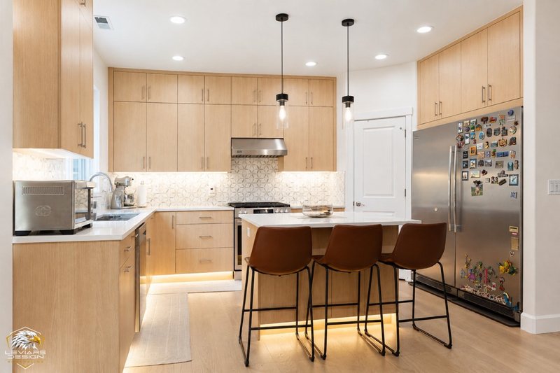 Natural-wood kitchen with white island countertop, pendant lights and coordinated cabinetry, view 2 of 20