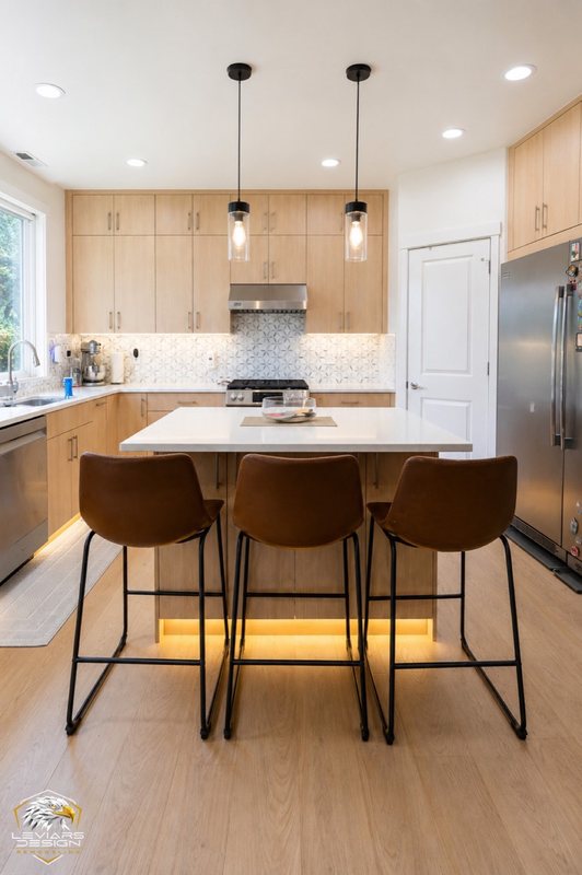 Natural-wood kitchen with white island countertop, pendant lights and coordinated cabinetry, view 3 of 20
