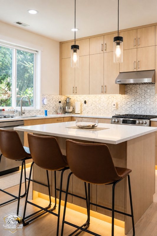 Natural-wood kitchen with white island countertop, pendant lights and coordinated cabinetry, view 4 of 20