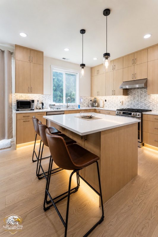 Natural-wood kitchen with white island countertop, pendant lights and coordinated cabinetry, view 6 of 20