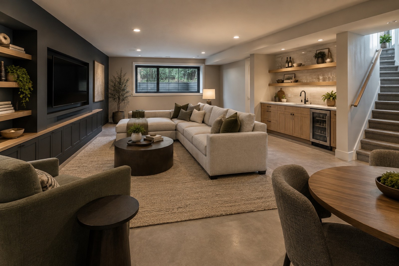 Basement design concept with a media wall, built-in storage, seating, a wet bar and stairs to the main floor