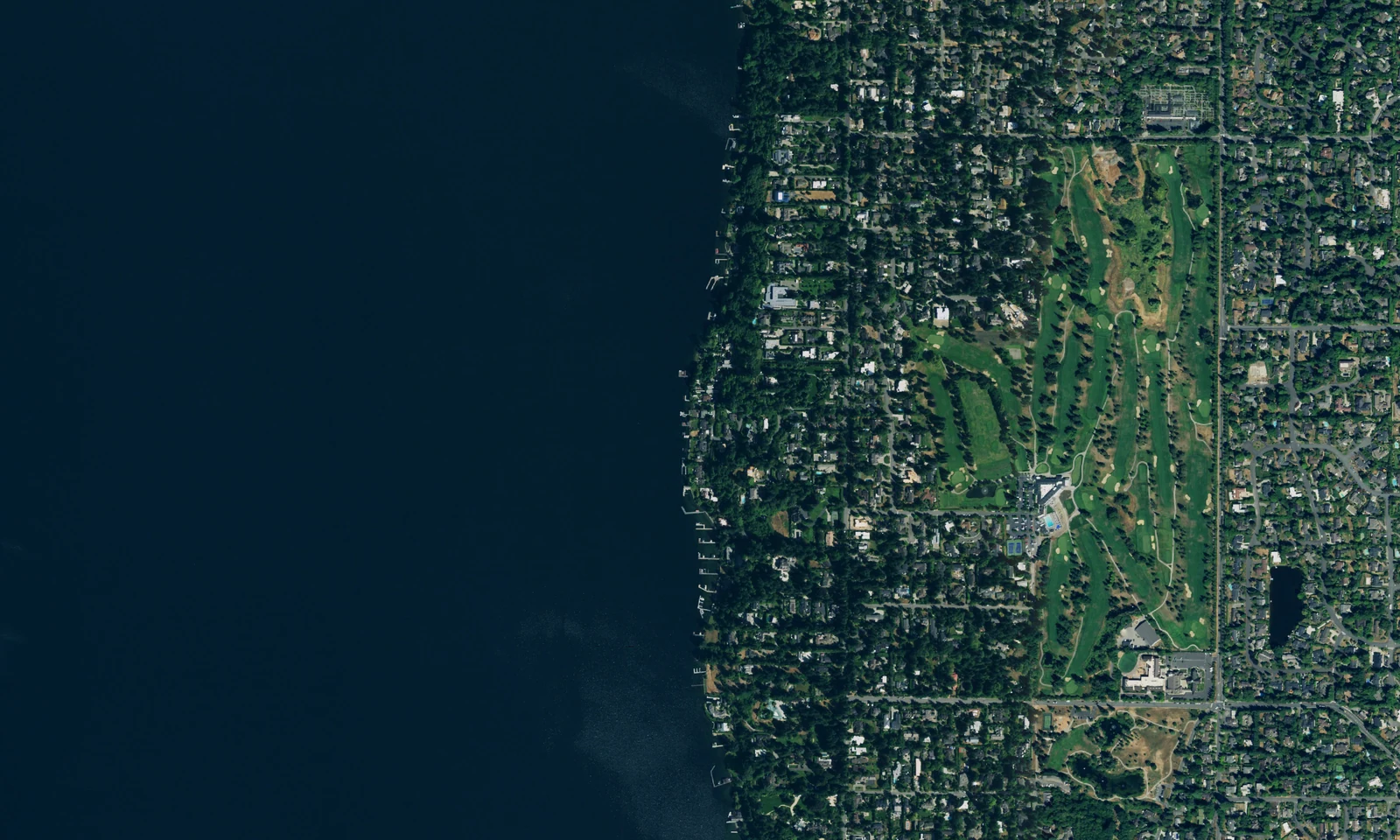 Medina's Lake Washington shoreline, tree-lined residential streets and long green fairways from above. LeviArs Design & Remodeling service area.