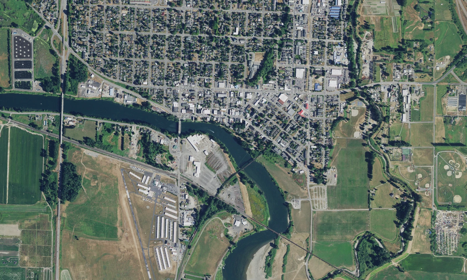 Snohomish, Washington, photographed from above, with historic downtown blocks beside the Snohomish River. LeviArs Design & Remodeling service area.
