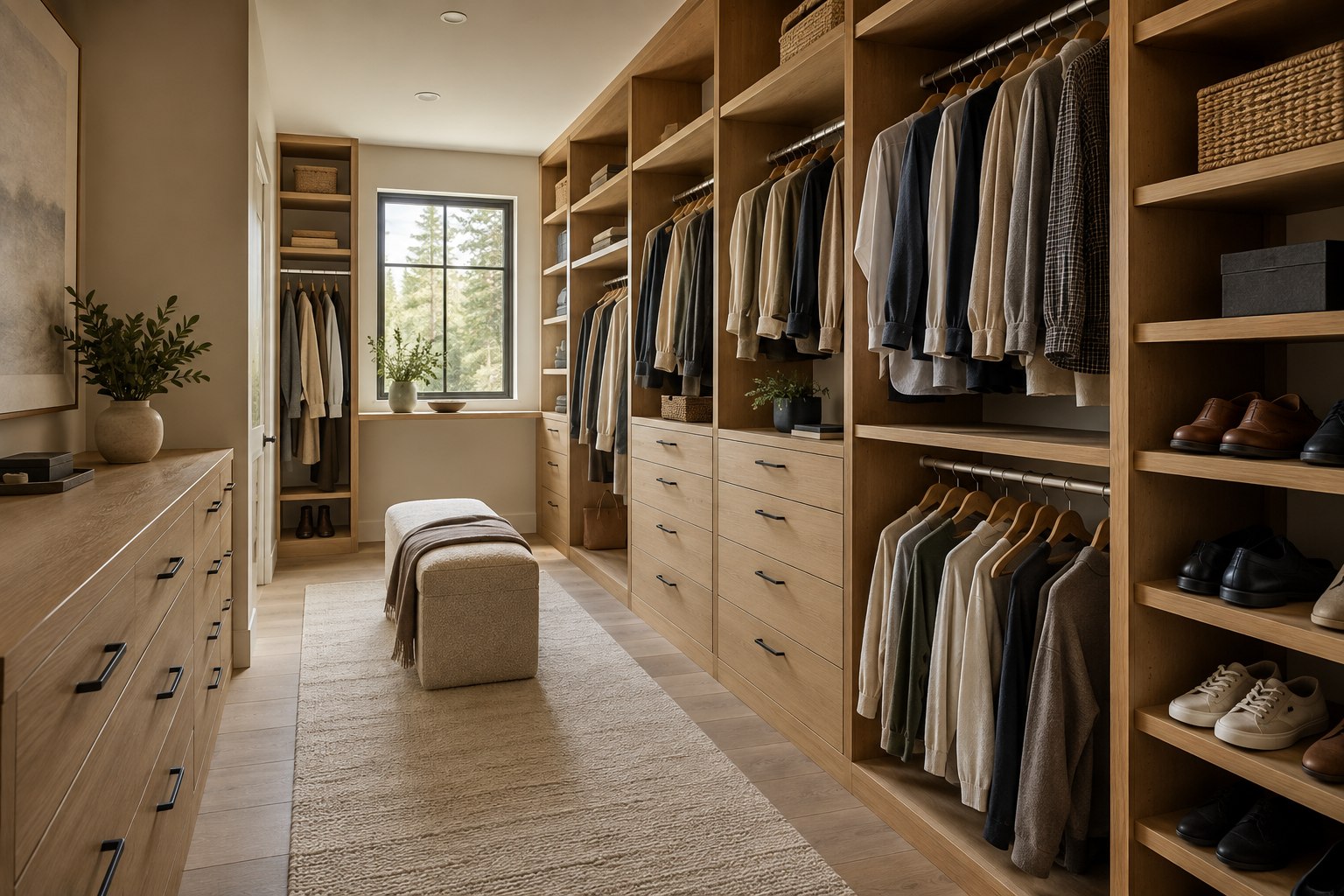 Walk-in closet with oak cabinetry, hanging storage, aligned drawers and open circulation