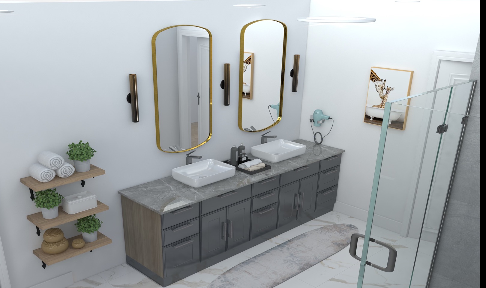 LeviArs proposed bathroom visualization showing vanity placement, a door and glass shower enclosure